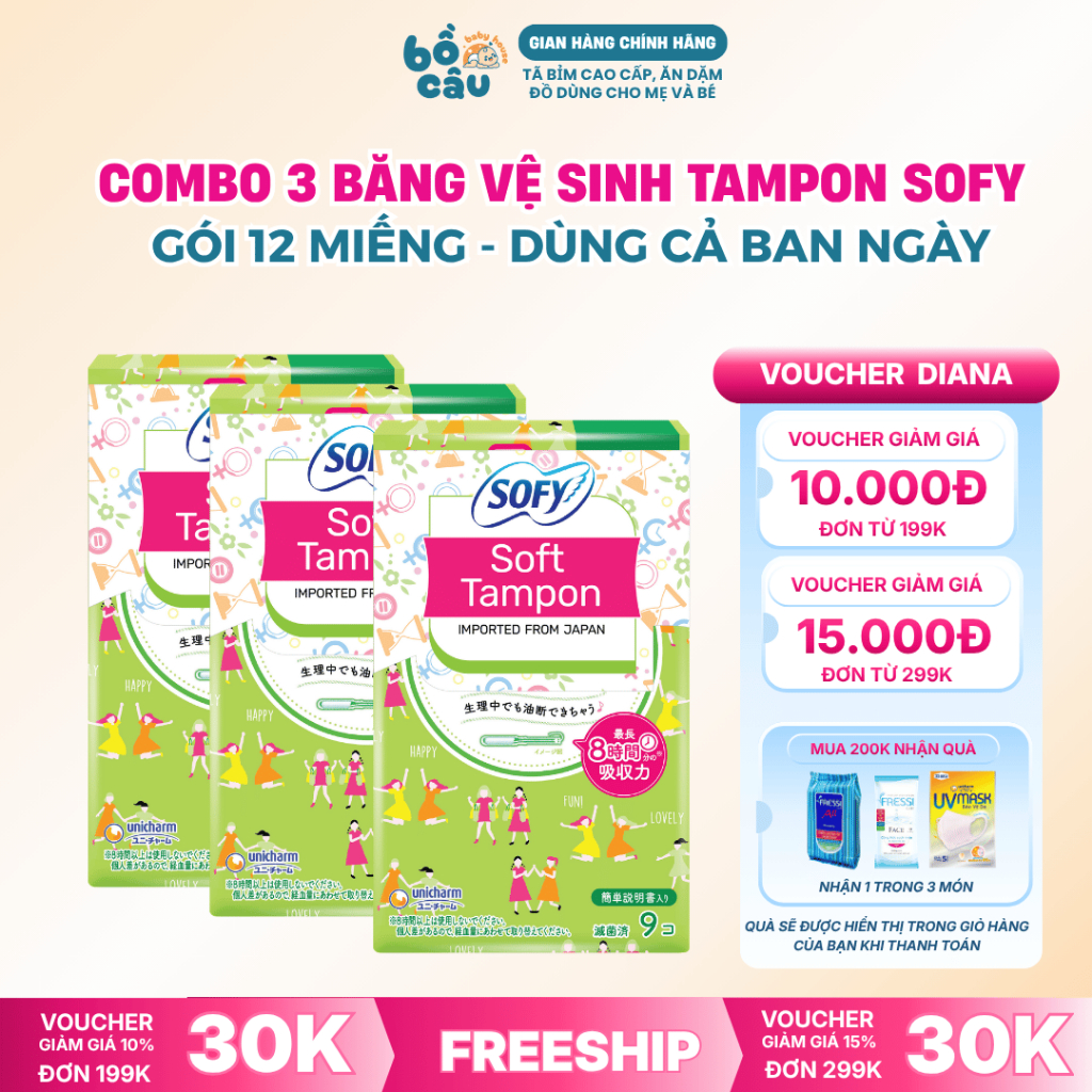 [Hàng nhập khẩu] Combo 3 Hộp Băng vệ sinh dạng ống siêu thấm Sofy Soft Tampon Super gói 9 miếng