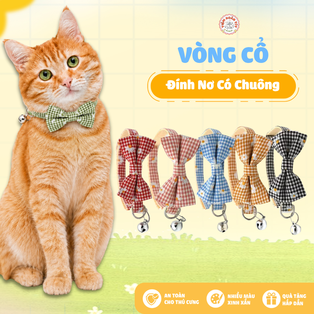 Vòng Cổ Cho Chó Mèo Có Chuông Đính Nơ Hoa Văn Vintage