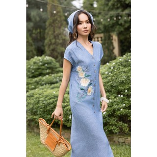 SWANLAKE | Váy Đầm Nữ Maxi Suông Tay Hến Cổ Chữ V Cài Nút Vải Linen Thêu Hoa Công Sở Dạo Phố D13782