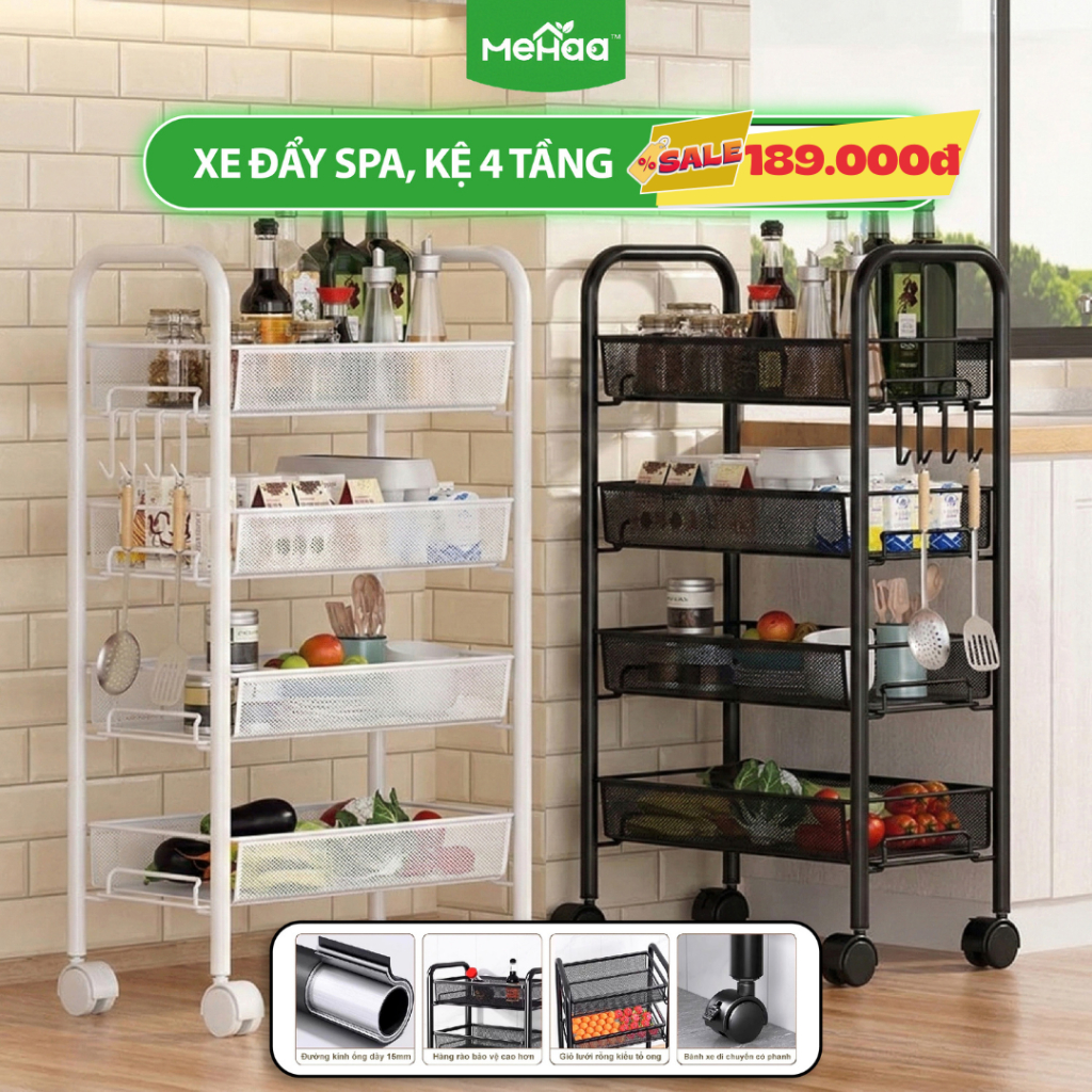 Kệ Xe Đẩy 4 Tầng Mehaa Có Bánh Xe – Kệ Để Đồ Nhà Bếp, Xe Đẩy Spa, Kệ Đa Năng Phòng Tắm Phòng Khách