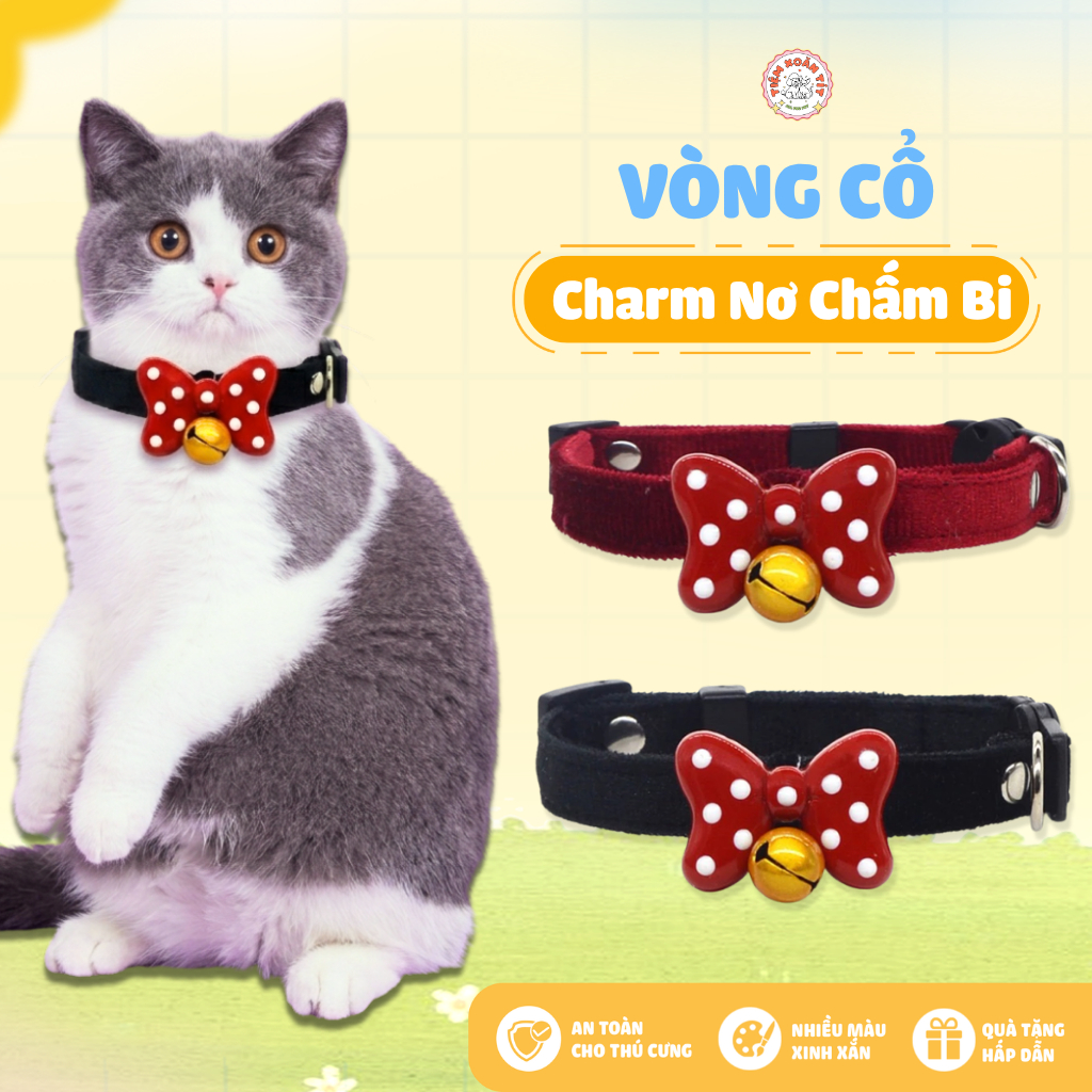 Vòng Cổ Cho Chó Mèo Charm Nơ Chấm Bi Dễ Thương - Vòng Cổ Thú Cưng Khóa Bấm An Toàn, Cao Cấp Cream Forest