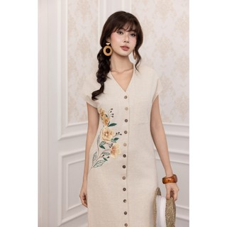 SWANLAKE | Váy Đầm Nữ Maxi Suông Tay Hến Cổ Chữ V Cài Nút Vải Linen Thêu Hoa Công Sở Dạo Phố D13782
