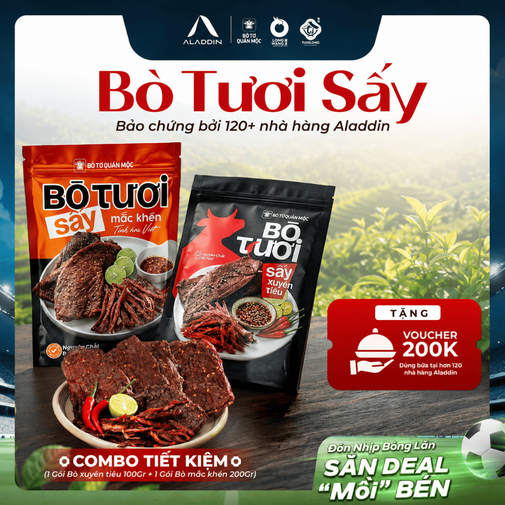 [Combo Tiết Kiệm] Bò Tươi Sấy Aladdin - Vị Mắc Khén 200g & Xuyên Tiêu 100g Cay Tê Hấp Dẫn