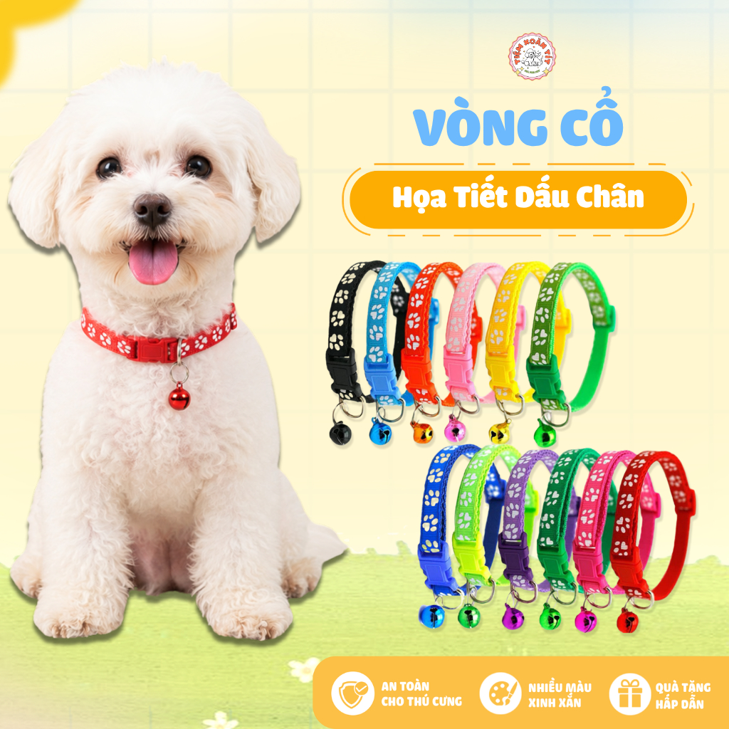 Vòng Cổ Cho Chó Mèo Họa Tiết Dấu Chân - Vòng Cổ Thú Cưng Khóa Bấm An Toàn, Có Chuông (Nhiều Màu)
