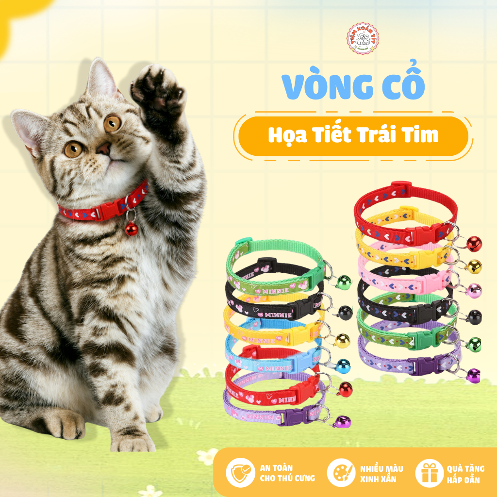 Vòng Cổ Cho Chó Mèo Họa Tiết Trái Tim - Vòng Cổ Thú Cưng Khóa Bấm An Toàn, Có Chuông (Nhiều Màu)