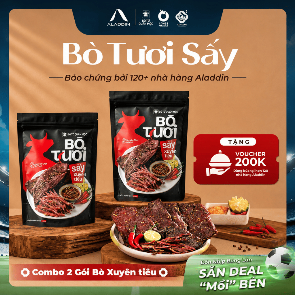 [Combo Giá Tốt] 2 Gói Bò Tươi Sấy Xuyên Tiêu Aladdin 200g - Cay Tê Kích Thích Vị Giác