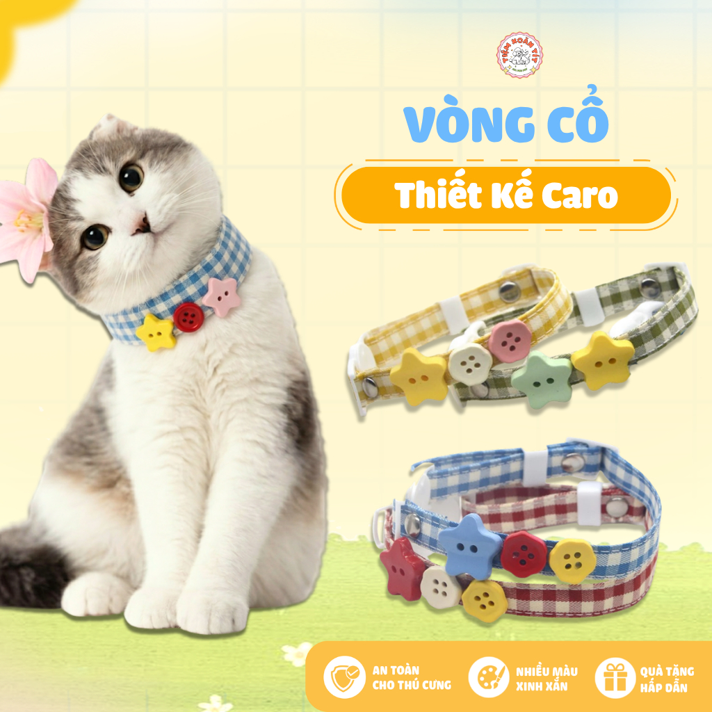 Vòng Cổ Cho Chó Mèo Thiết Kế Caro Kèm Nút Hoạt Hình - Vòng Cổ Thú Cưng Khóa Bấm An Toàn, Cao Cấp Cream Forest