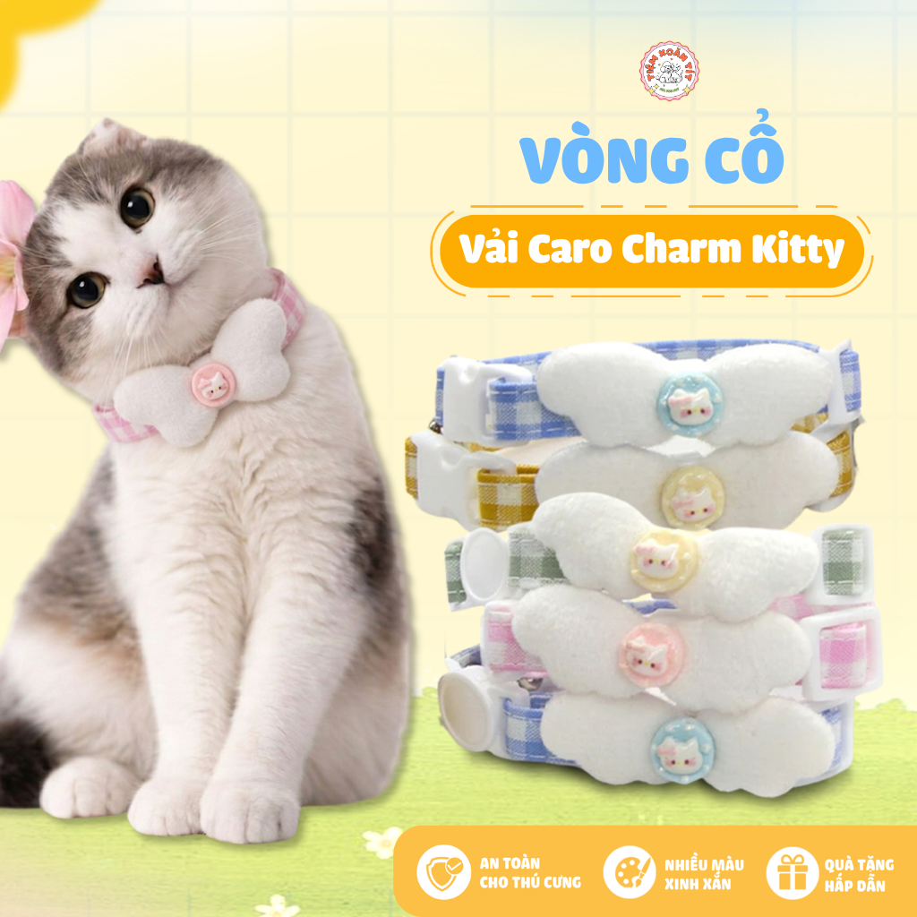Vòng Cổ Cho Chó Mèo Vải Caro Charm Cánh Kitty Dễ Thương - Vòng Cổ Thú Cưng Khóa Bấm An Toàn, Cao Cấp Cream Forest