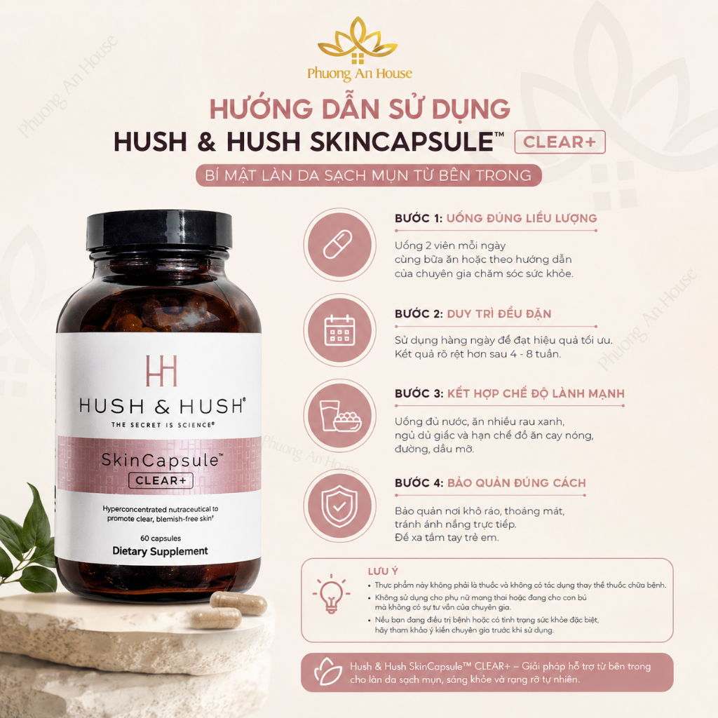 Viên uống giảm mụn Hush & Hush Skin Capsule Clear+ Mờ thâm mụn, ngừa mụn Hộp 60 viên - PhuongAnHouse