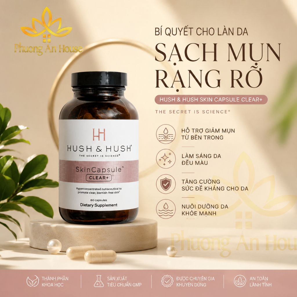 Viên uống giảm mụn Hush & Hush Skin Capsule Clear+ Mờ thâm mụn, ngừa mụn Hộp 60 viên - PhuongAnHouse