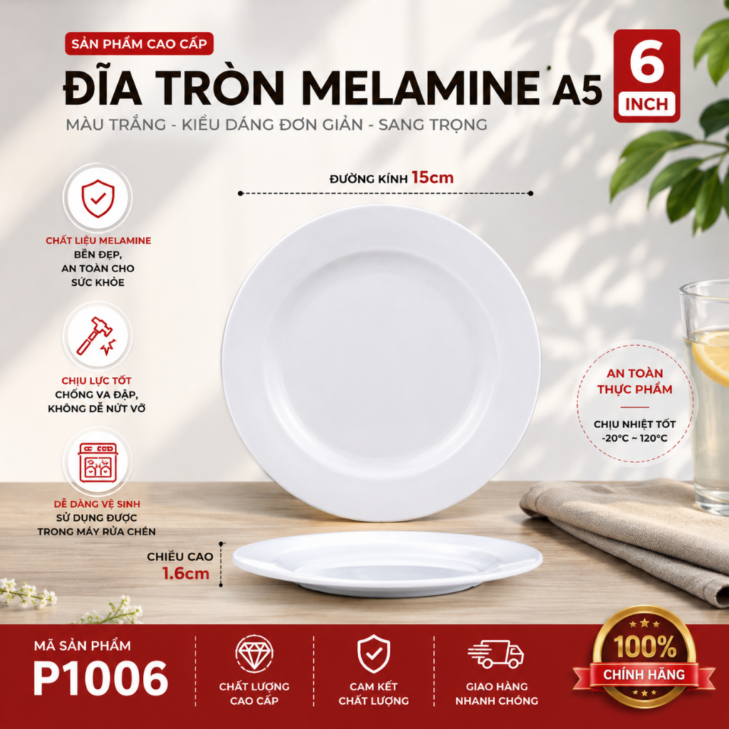 Đĩa Phíp ( Melamine A5 ) Cao Cấp Trắng Sang Trọng Bền Đẹp Không Xước - Ố  P1006