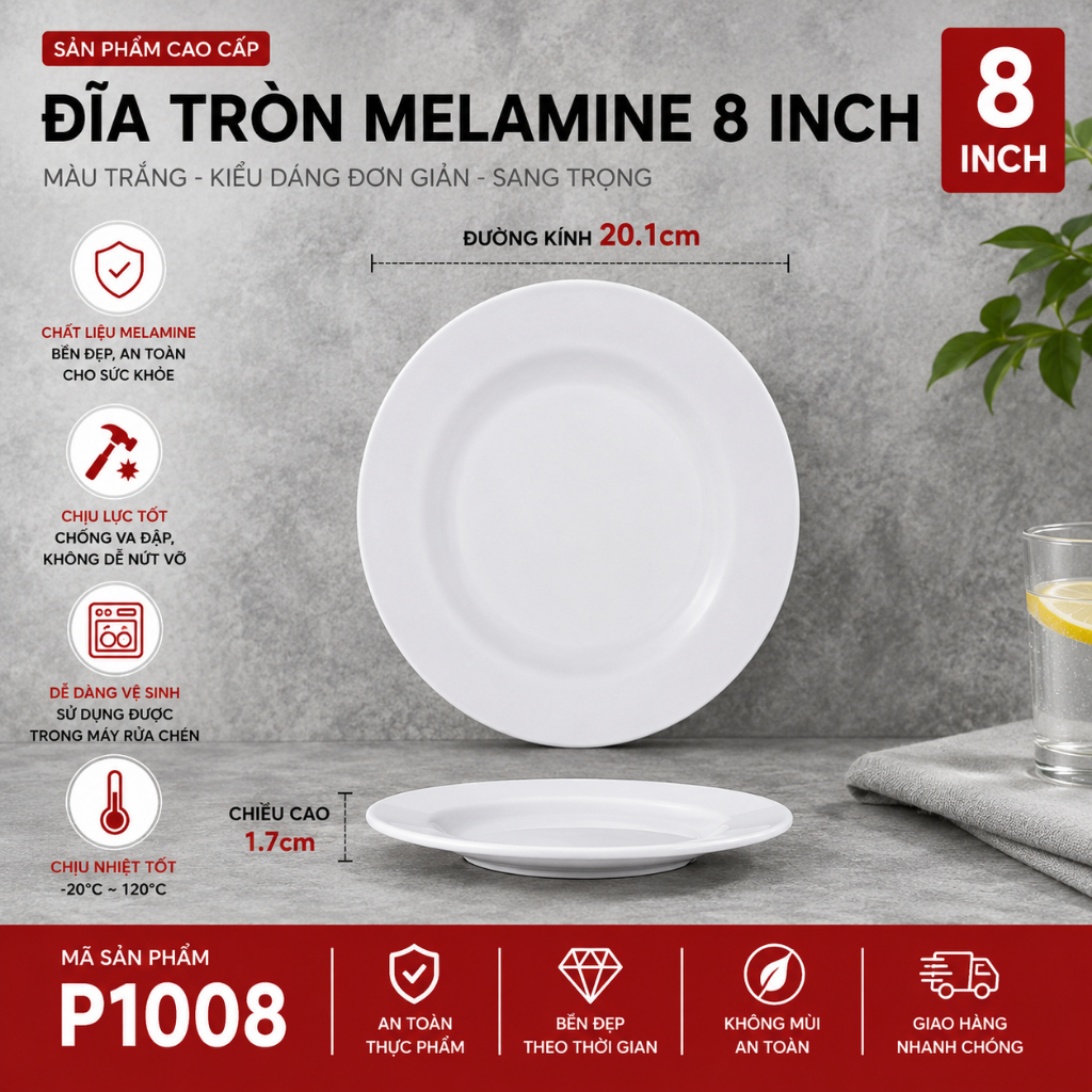 Đĩa Phíp ( Melamine A5 ) Cao Cấp Trắng Sang Trọng Bền Đẹp Không Xước - Ố P 1008
