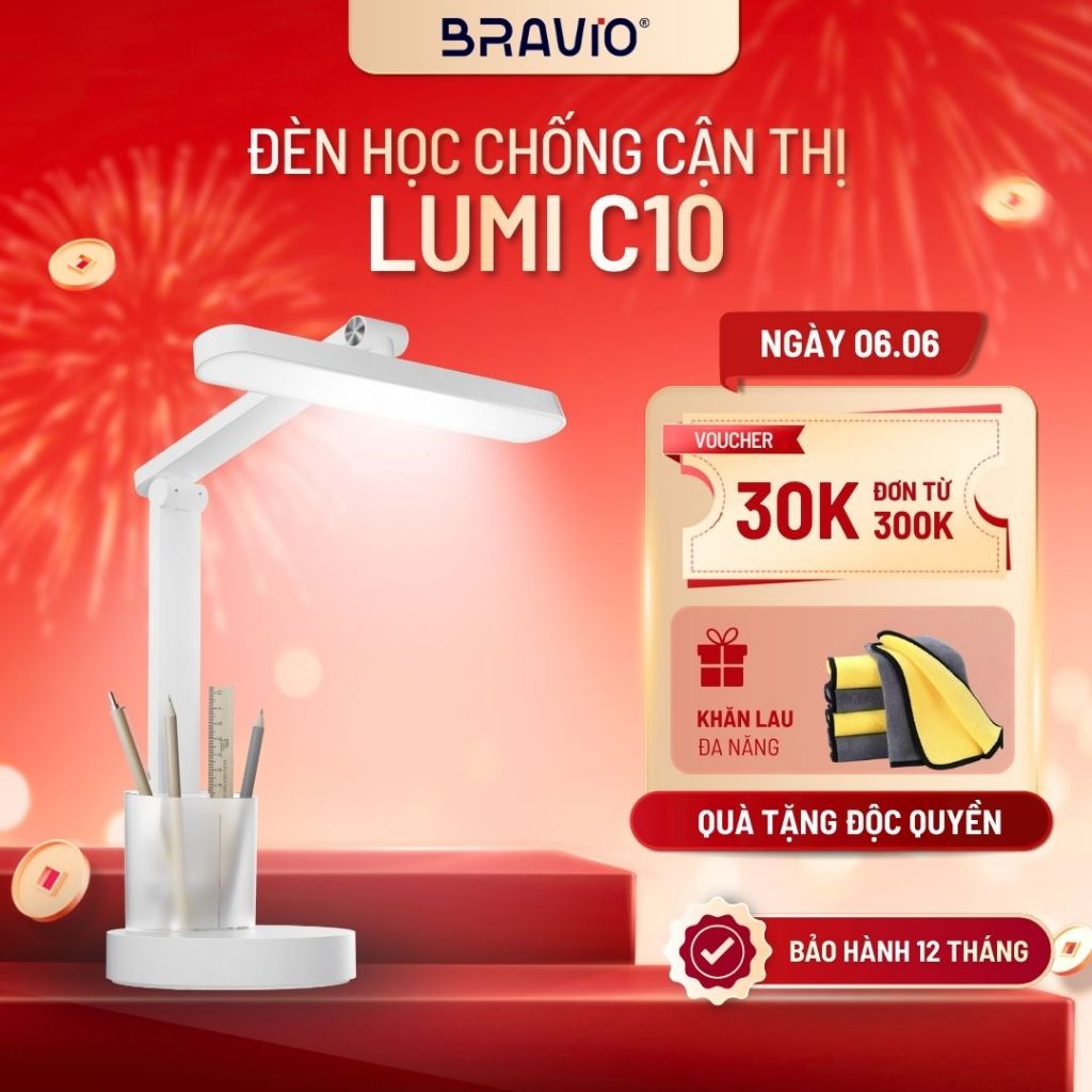 Đèn học để bàn chống cận thị Bravio Lumi C10 đèn học tích điện bàn làm việc đọc sách LED bảo vệ mắt cho bé sạc pin