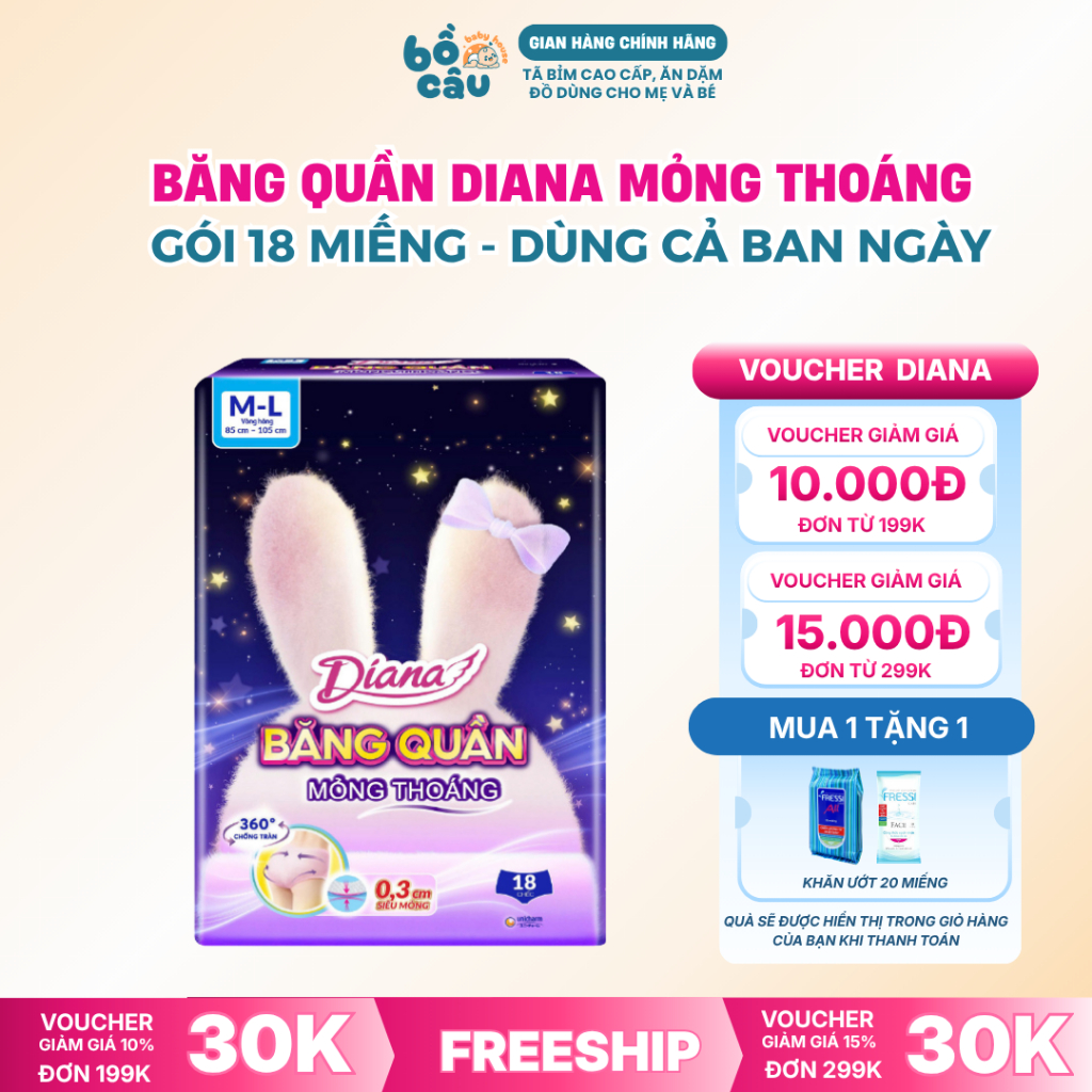 Băng vệ sinh quần Diana Comfy Night Mỏng Thoáng M-L 18 Miếng/Gói