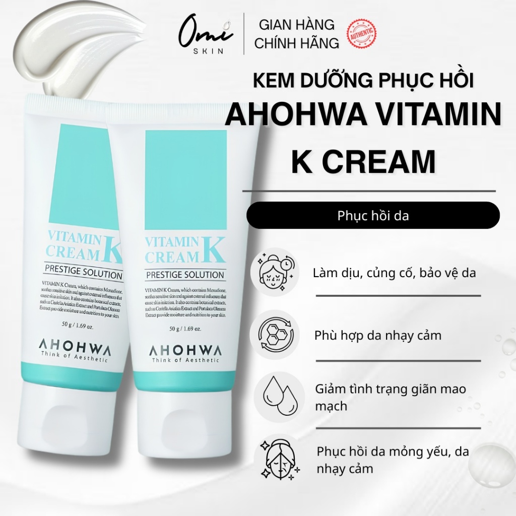Kem Dưỡng Phục Hồi Ahohwa Vitamin K Cream - Phục Hồi Da Mỏng Đỏ, Giãn Mao Mạch, Làm Dịu Da, Mờ Sẹo