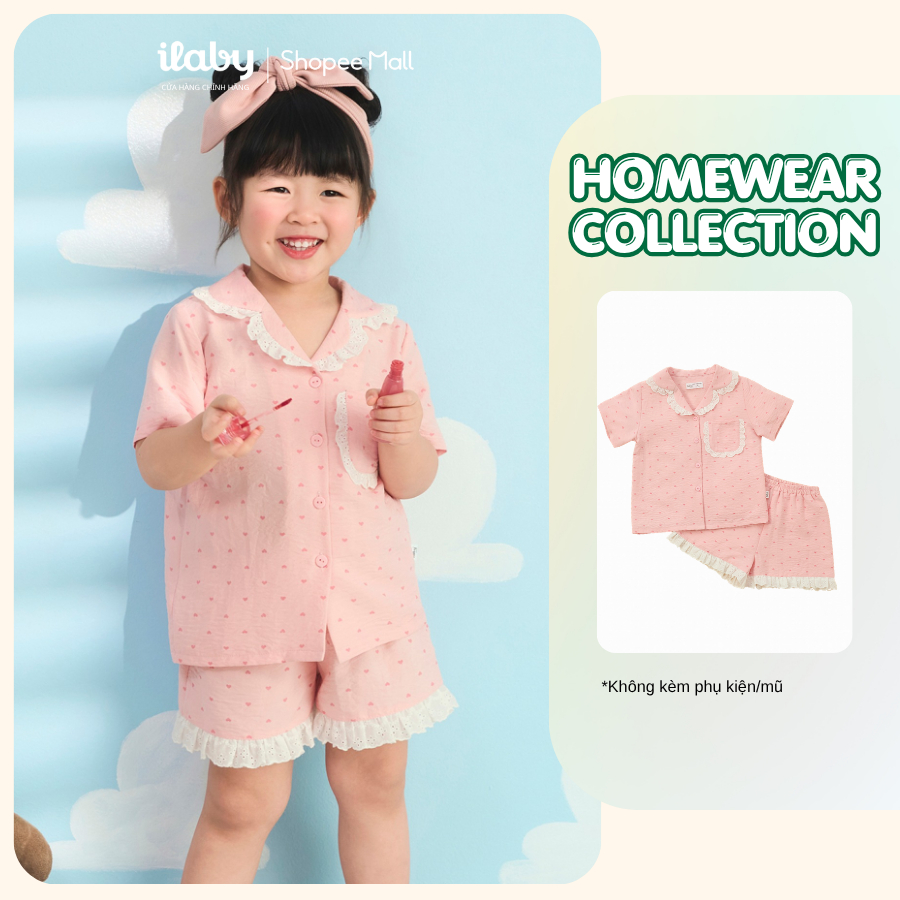 [ILABY 10-40kg] Đồ bộ mặc nhà bé gái, đồ bộ pijama cộc tay vải đũi xốp họa tiết trái tim [3870]