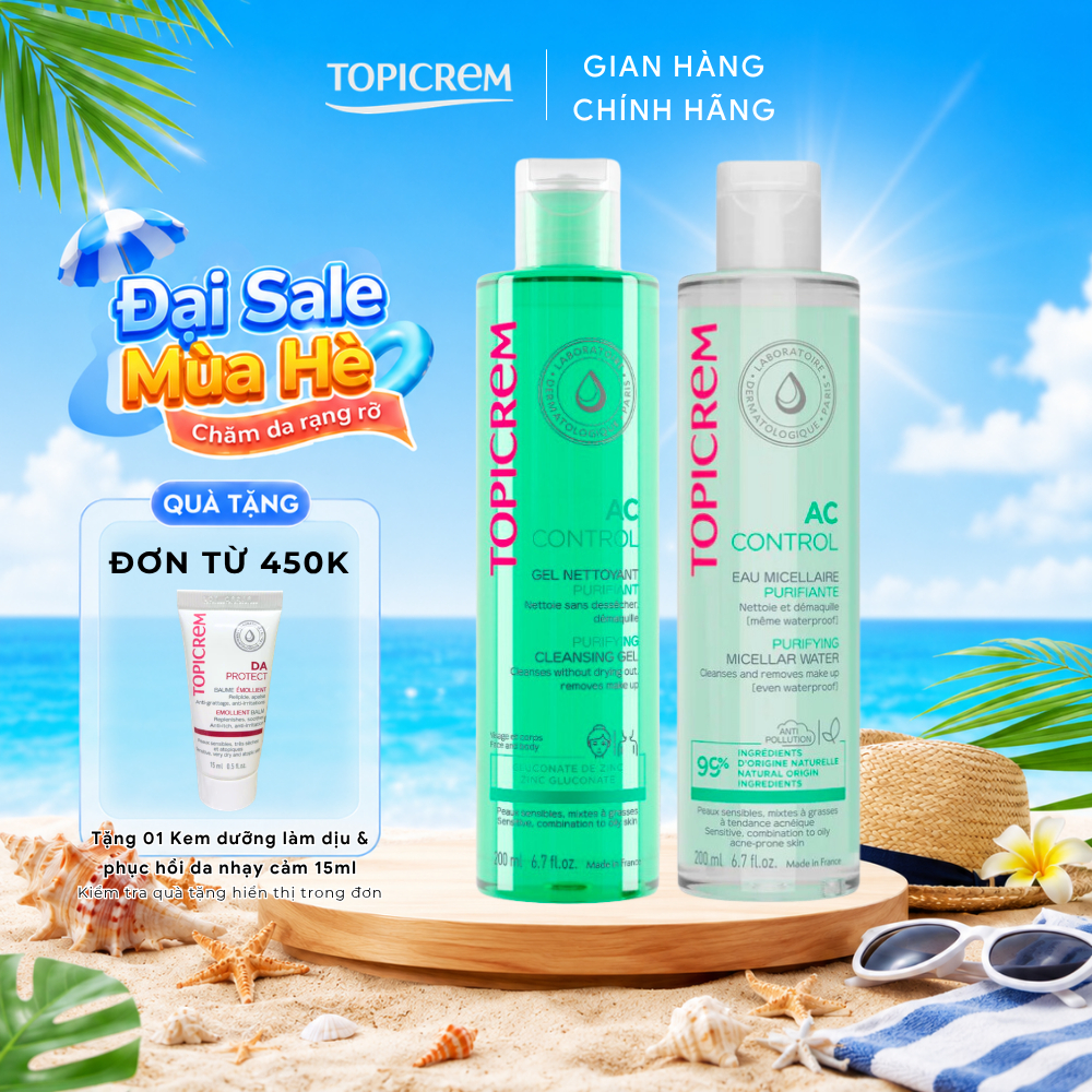 Combo Nước Tẩy trang và Sửa Rửa mặt Topicrem Cleansing Gel 200ml dành cho da dầu mụn - Skin Studio