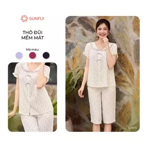 Bộ mặc nhà pijama nữ SUNFLY đũi mềm mát ht độc quyền áo cộc quần ngố ST9373