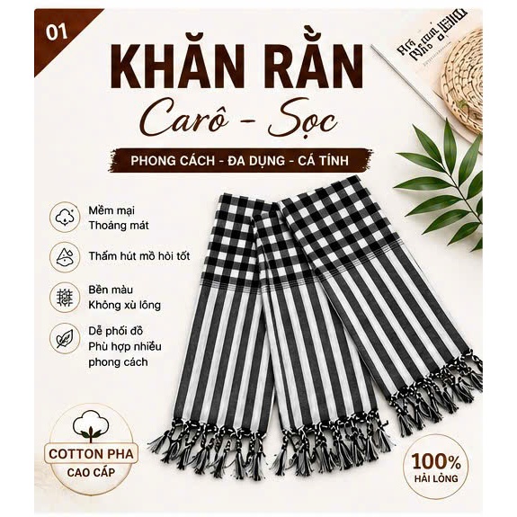 Khăn Cotton Pha Màu Trắng Đen Truyền Thống, Vừa Hiện Đại Vừa Cổ Điển