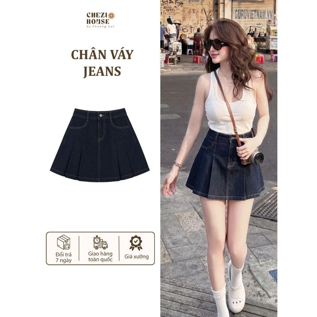 Chân Váy Bò Ngắn Nữ Màu Xanh Đậm CHEZI HOUSE, Váy Jean Chữ A Xếp Ly Lưng Cao Hack Dáng Có Quần Trong CHEZI HOUSE #6009