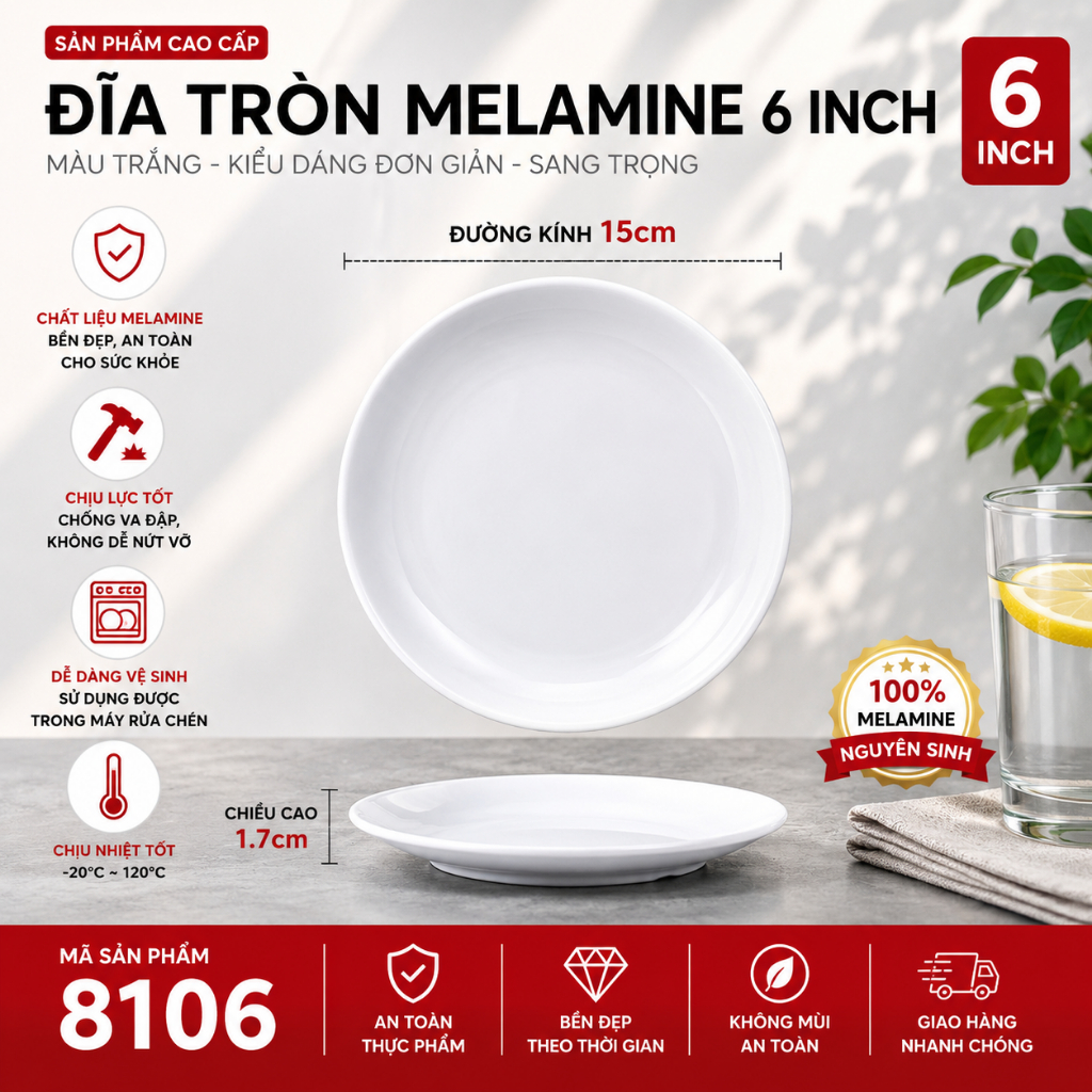 Đĩa Phíp ( Melamine A5 ) Cao Cấp Trắng Sang Trọng Bền Đẹp Không Xước - Ố  8106