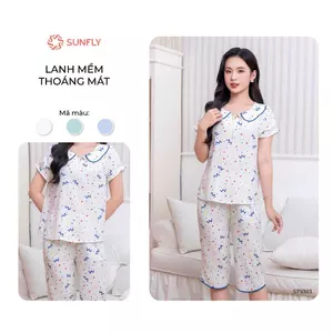 Đồ bộ mặc nhà nữ SUNFLY lanh họa tiết mềm mát áo cộc quần ngố ST9383