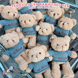 Teddy Áo Len Xanh Thêu Tên Theo Yêu Cầu Size 30cm & 40cm – Gấu Bông Cao Cấp Làm Quà Tặng Ý Nghĩa