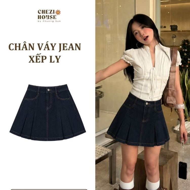 Chân Váy Jean Nữ  Xếp Ly Có Quần Bên Trong Cạp Cao Váy Jean Ngắn #6009 Hàn Quốc Hot Trend 2026 – CHEZI HOUSE