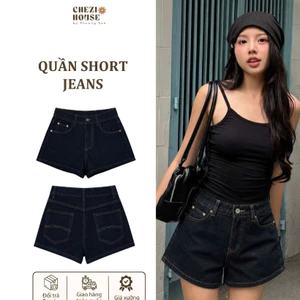 Quần Short Jean Nữ Màu Đen Basic Lưng Cao, Quần Bò Ngắn Suông Tôn Dáng Hack Chân Co Giãn Nhẹ #8097 CHEZI HOUSE