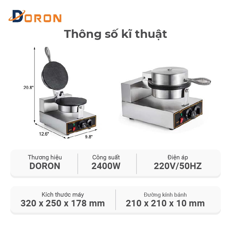 Máy làm bánh ốc quế, vỏ kem DORON 1200W kiểm soát nhiệt độ chính xác