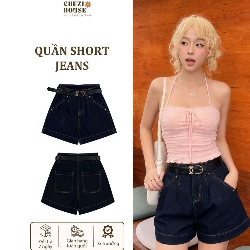 Quần Short Jean Nữ Dáng Chữ A Cạp Cao CHEZI HOUSE, Quần Ngố Jean Lưng Cao Gấu Lật Gọn Dáng Xanh Than #6039