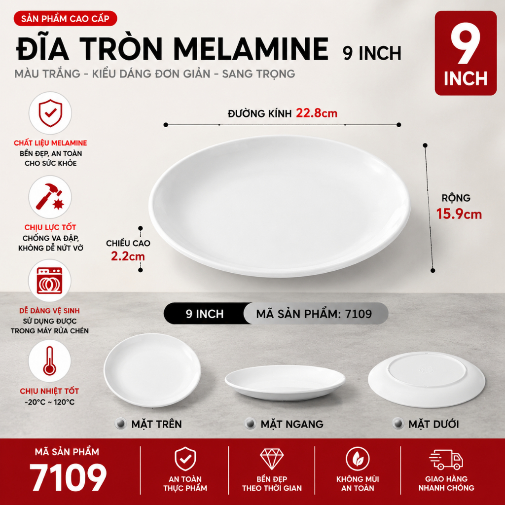 Đĩa Phíp ( Melamine A5 ) Cao Cấp Trắng Sang Trọng Bền Đẹp Không Xước - Ố  7109