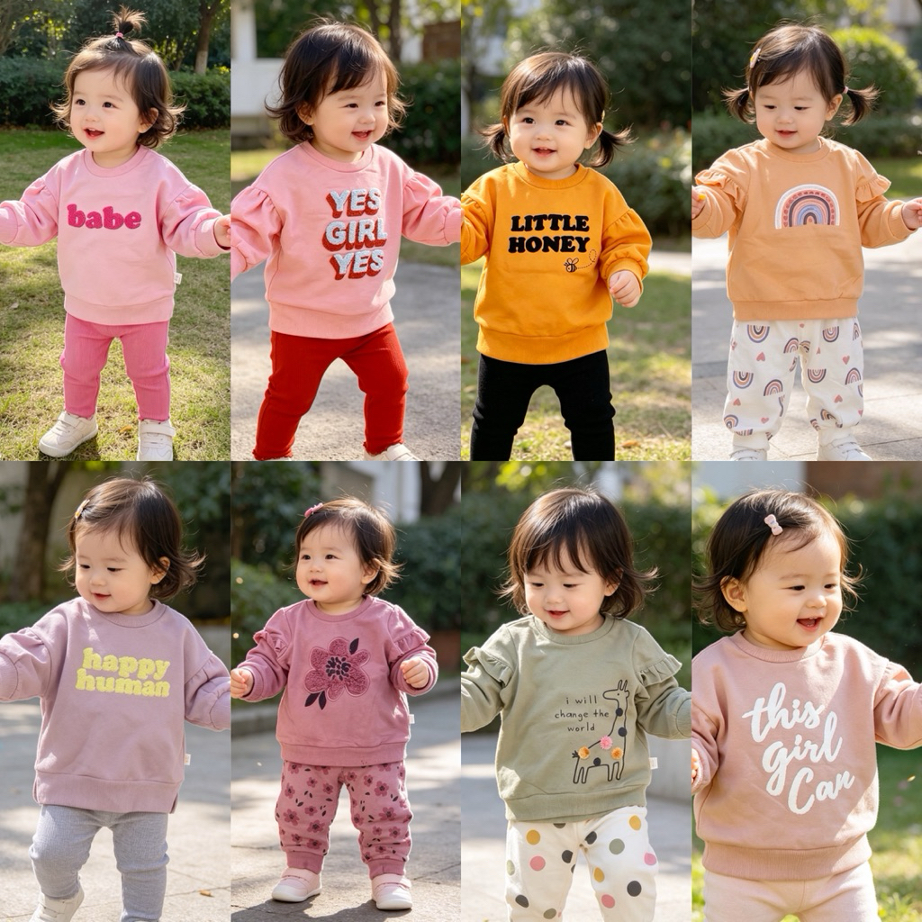 Bộ nỉ dài tay bé gái xuất dư nhiều màu xinh yêu C6020 C5598 cho bé 3M-4T (4-16kg) mềm ấm co giãn