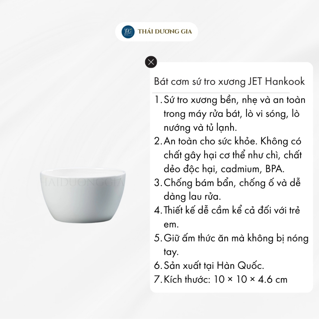 Bát cơm JET 10cm trắng sứ tro xương Hàn Quốc Hankook JTB-0001