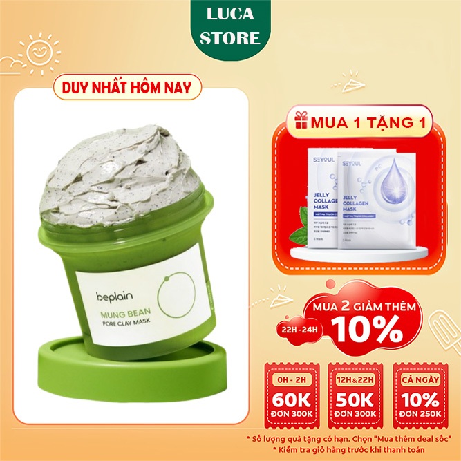 Mặt nạ đất sét Beplain Mung Bean Pore Clay Mask 120ml tinh chất trà xanh giảm mụn đầu đen kiềm dầu