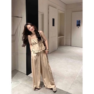 Set bộ hai dây Loại 1 thiết kế áo 2 dây viền bèo mix quần suông dài siêu xinh, Set đồ nữ vintage trẻ trung bánh bèo