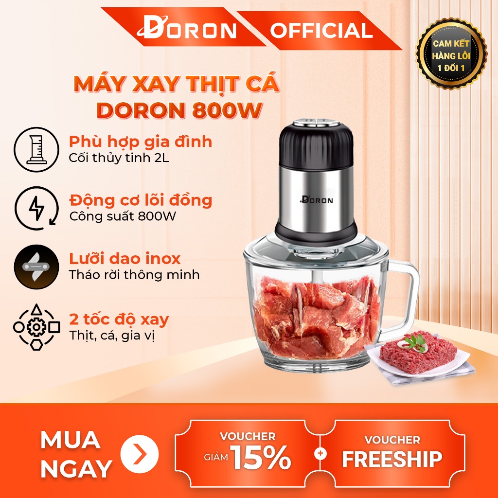 Máy xay thịt cối thủy tinh DORON 800W xay thịt cá, rau củ đa năng