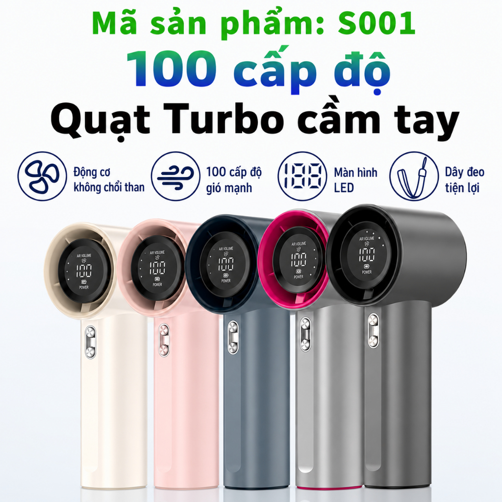 Quạt cầm tay tốc độ cao mới S001 - 100 cấp gió,nhỏ gọn tiện lợi,Pin 4000mAh,sạc USB, tuabin tăng áp,màn hình LED rõ nét