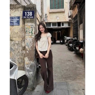 Áo trễ vai hoa nhí Loại 1 thiết kế viền bèo tay bồng siêu xinh, Áo kiểu nữ vintage basic trẻ trung
