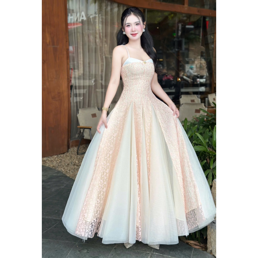 Đầm Váy Đi Tiệc LASY Thời Trang Nữ Hai Dây Dáng Dài Ren Hoa Phối Lưới Xoè Bồng Bềnh Chuẩn Form