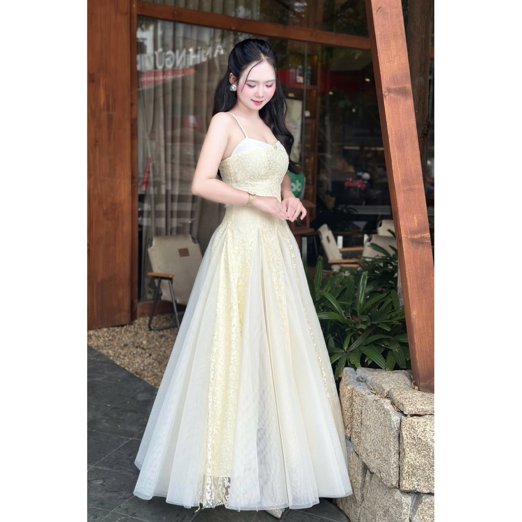 Đầm Váy Đi Tiệc LASY Thời Trang Nữ Hai Dây Dáng Dài Ren Hoa Phối Lưới Xoè Bồng Bềnh Chuẩn Form