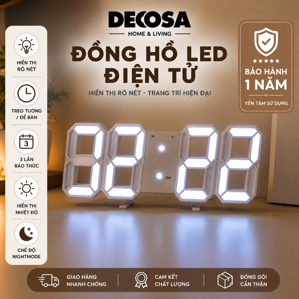 Đồng hồ led 3D để bàn treo tường thông minh DECOSA