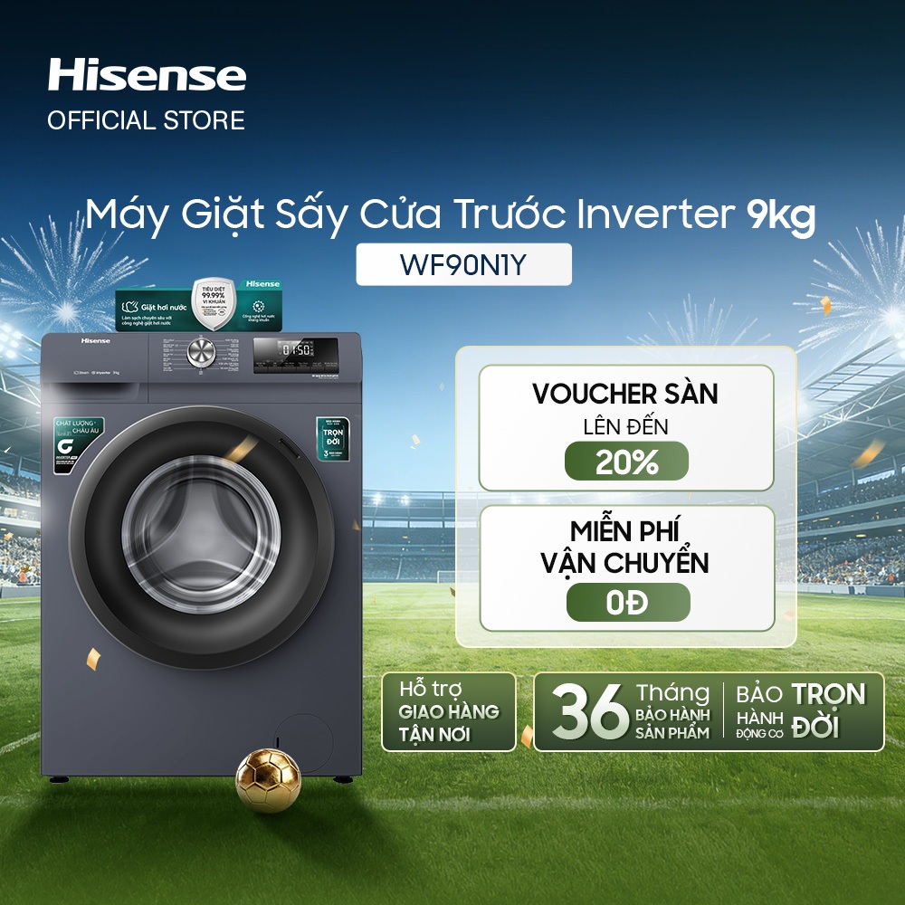 Máy giặt Cửa Trước Hisense Inverter 9kg WF90N1Y - Giặt nhanh | Giặt 15' | Diệt Khuẩn - BH 3 Năm - Freeship HCM