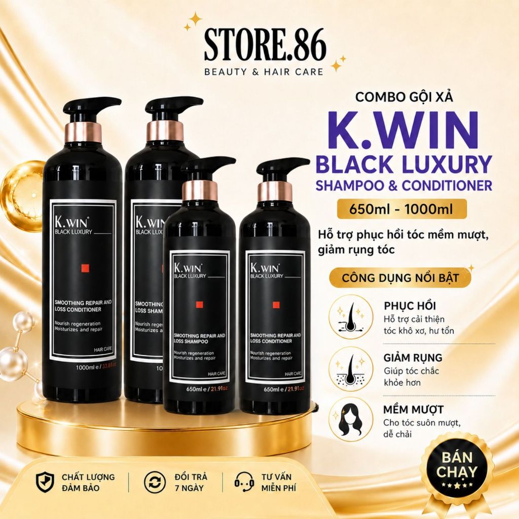 Combo Gội Xả K.Win Black Luxury 650ml - 1000ml | Dưỡng Tóc Mềm Mượt, Bóng Khỏe & Hương Thơm Cao Cấp