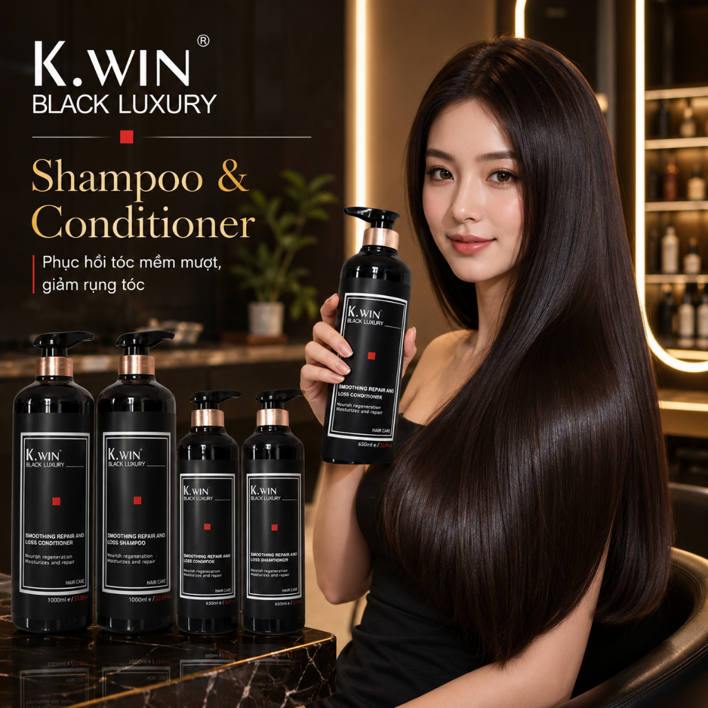 Combo Gội Xả K.Win Black Luxury 650ml - 1000ml | Dưỡng Tóc Mềm Mượt, Bóng Khỏe & Hương Thơm Cao Cấp