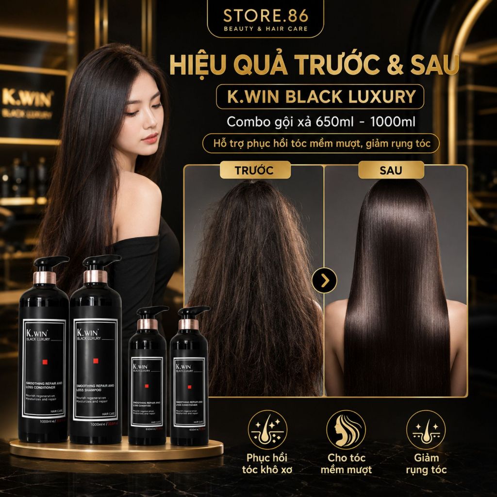 Combo Gội Xả K.Win Black Luxury 650ml - 1000ml | Dưỡng Tóc Mềm Mượt, Bóng Khỏe & Hương Thơm Cao Cấp