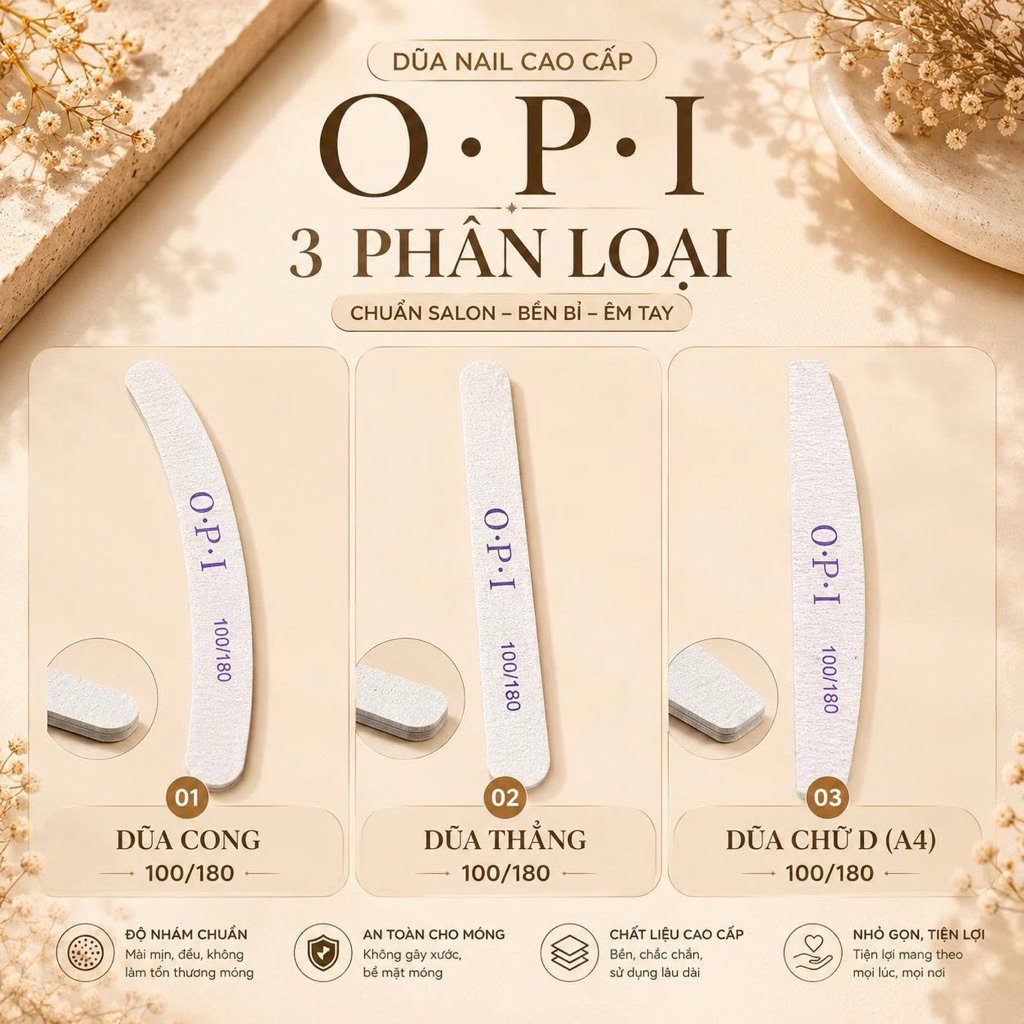 Dũa Nail OPI 100/180 Cao Cấp Dũa Cong/Dũa Thẳng/Dũa Chữ D Tạo Form Móng Chuyên Dụng Nail - ND2