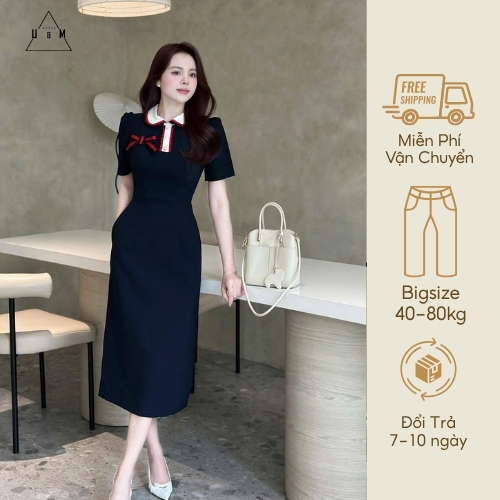 Váy đầm thiết kế dáng ôm chữ A thanh lịch phổi cổ viền sơ mi đi chơi, đi làm có bigsize (V14)
