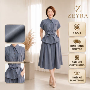 Set bộ áo cổ vest thắt đai nơ phối chân váy xòe thiết kế ZEYRA đi làm, đi chơi, dự tiệc