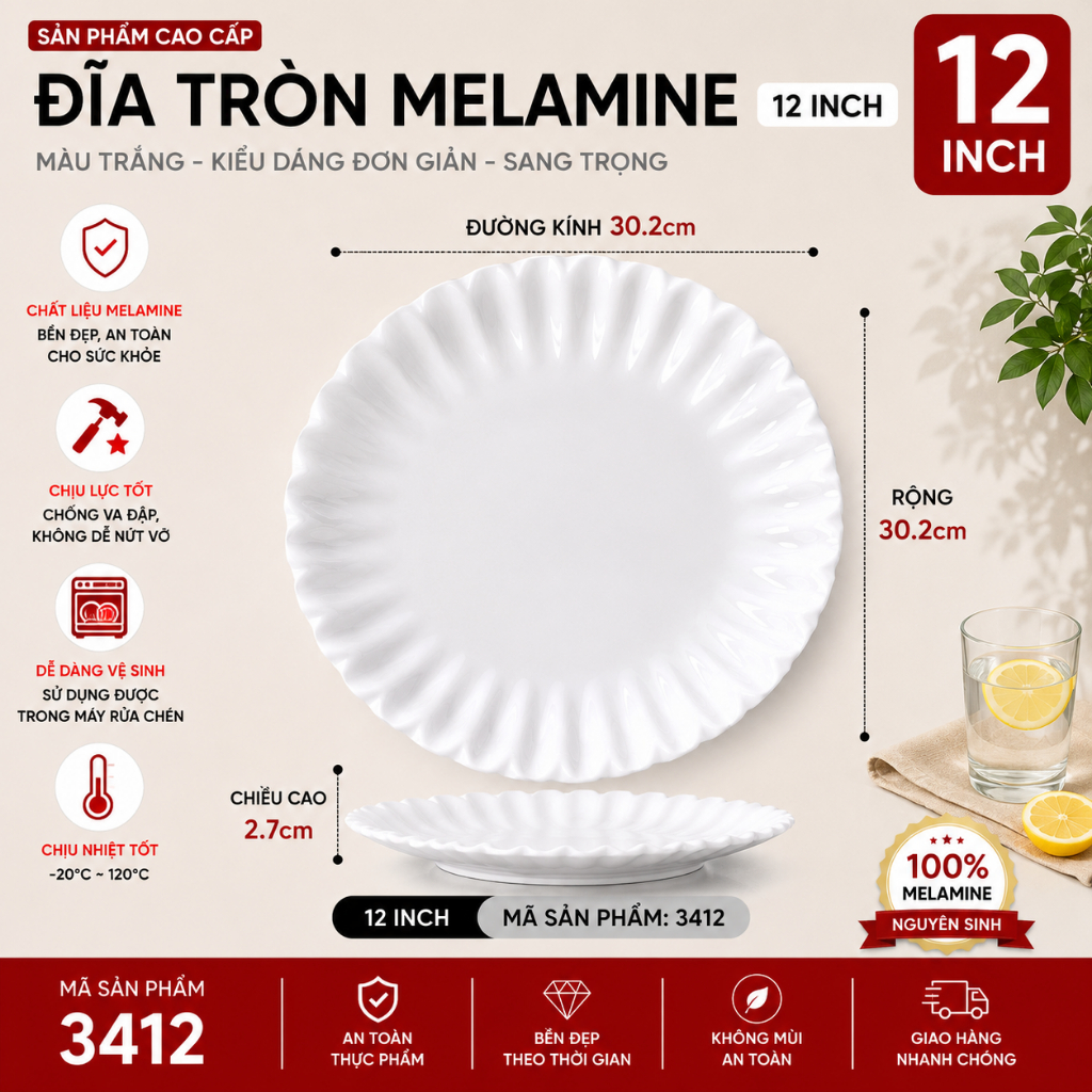 Đĩa Phíp ( Melamine A5 ) Cao Cấp Trắng Sang Trọng Bền Đẹp Không Xước - Ố  3412